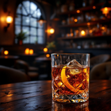 Dark Rum inspired luxury hand soap with rich amber color in a stylish glass on wooden table