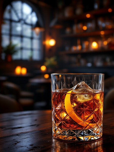 Dark Rum inspired luxury hand soap with rich amber color in a stylish glass on wooden table