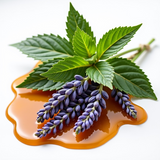 Lavender flowers and green leaves with amber liquid representing Diva inspired foaming hand soap by Sultry Scents