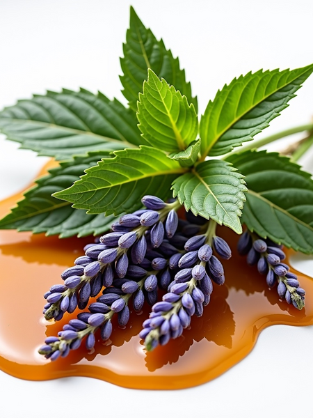 Lavender flowers and green leaves with amber liquid representing Diva inspired foaming hand soap by Sultry Scents