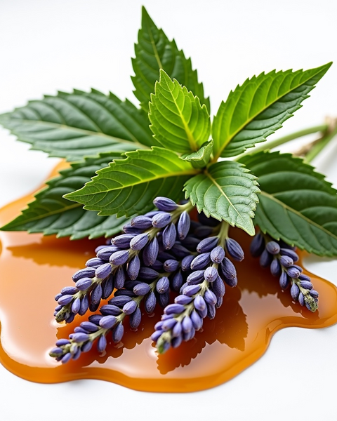 Lavender flowers and green leaves with amber liquid representing Diva inspired foaming hand soap by Sultry Scents
