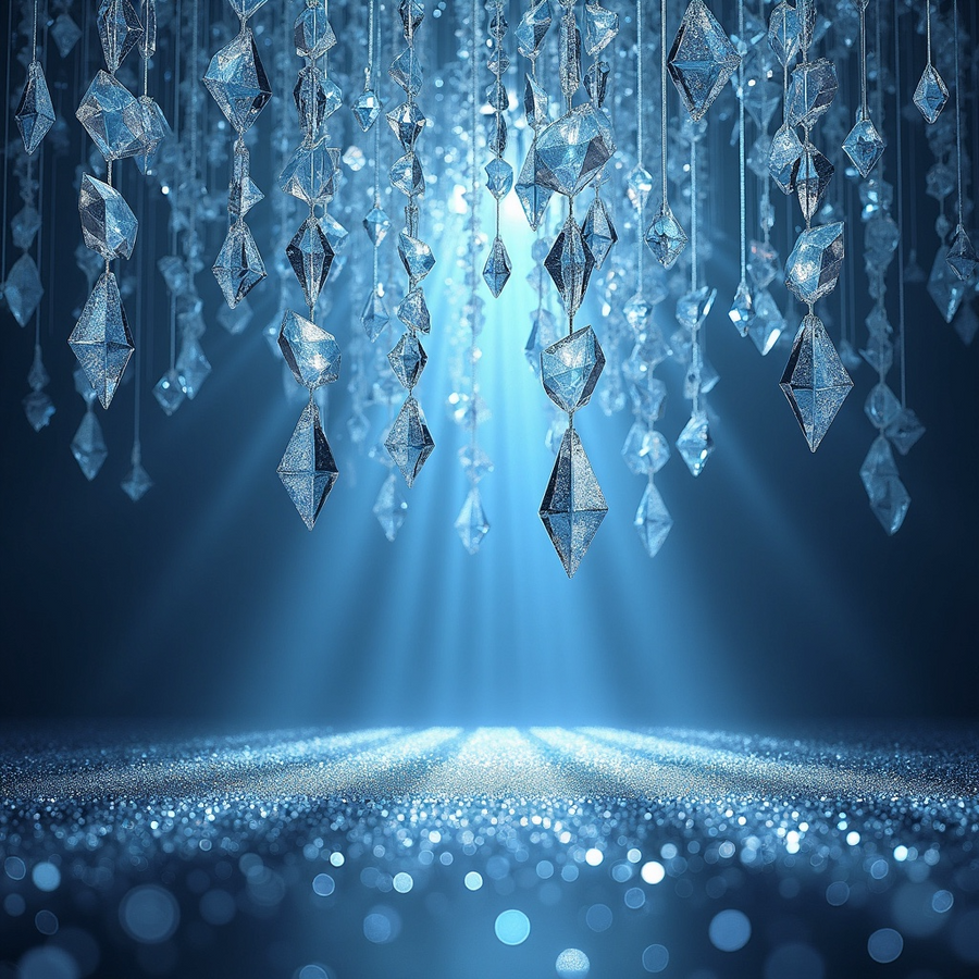 Glowing blue crystal prisms hanging with light beams over sparkling surface for DS Durga I Don't Know What dupe perfume