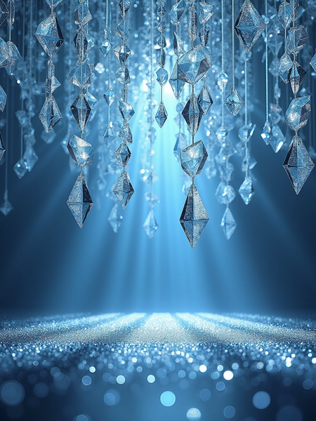 Glowing blue crystal prisms hanging with light beams over sparkling surface for DS Durga I Don't Know What dupe perfume