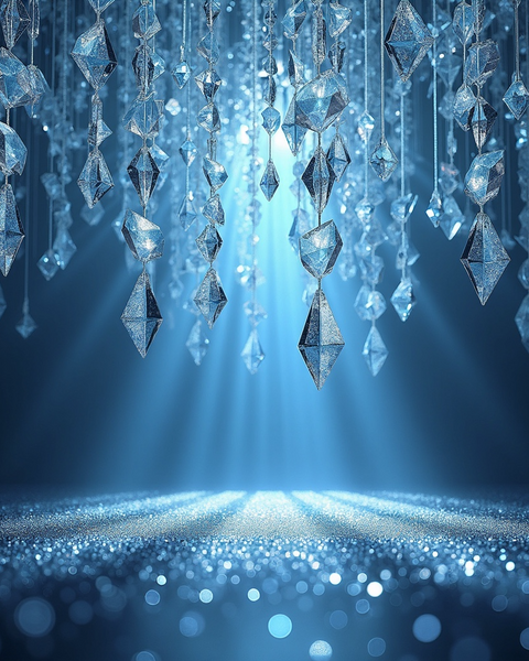 Glowing blue crystal prisms hanging with light beams over sparkling surface for DS Durga I Don't Know What dupe perfume