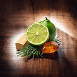 Fresh lime, amber resin, green leaves, and wood representing DS Durga I Don't Know What dupe perfume notes