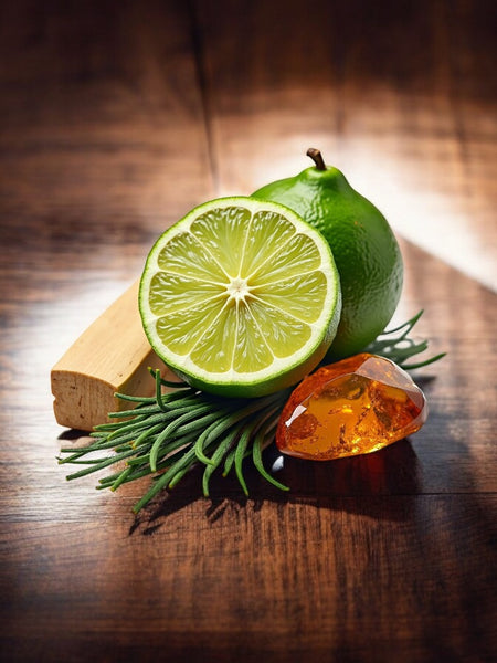 Fresh lime, amber resin, green leaves, and wood representing DS Durga I Don't Know What dupe perfume notes