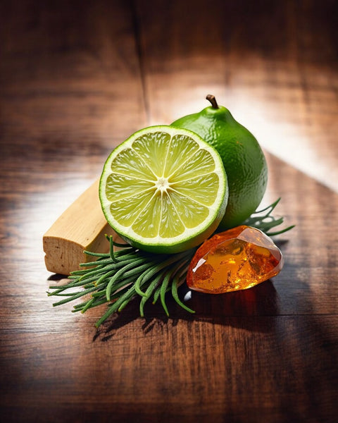 Fresh lime, amber resin, green leaves, and wood representing DS Durga I Don't Know What dupe perfume notes