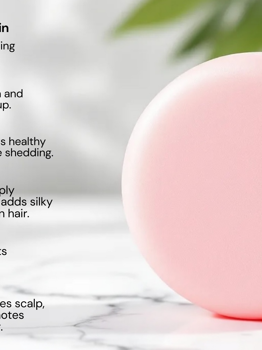 Sultry Scents Sulfate free clarifying Solid Shampoo Bar pink round bar on marble with ingredient list