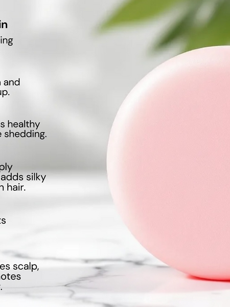 Sultry Scents Sulfate free clarifying Solid Shampoo Bar pink round bar on marble with ingredient list
