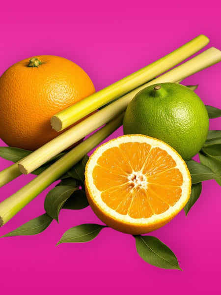 Fresh orange, lime, sugarcane sticks, and green leaves on pink background for Essential Oil Inhaler