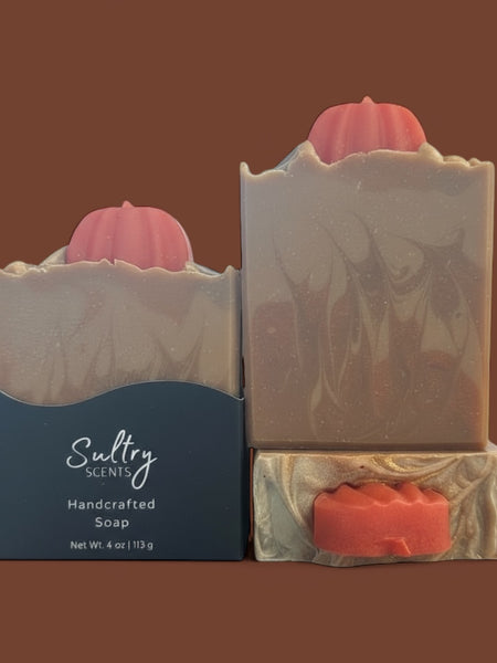 Fall Pumpkin Handcrafted Soap with decorative pumpkin detail and rich, swirled colors