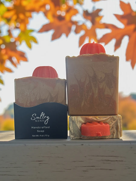 Fall Pumpkin Soap by Sultry Scents with a decorative pumpkin on top, perfect for autumn bathing