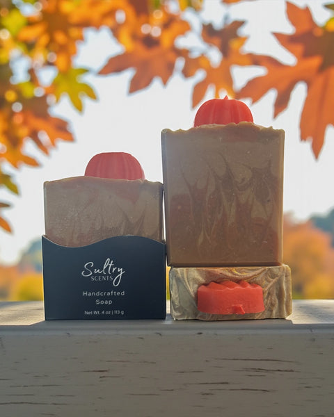 Fall Pumpkin Soap by Sultry Scents with a decorative pumpkin on top, perfect for autumn bathing