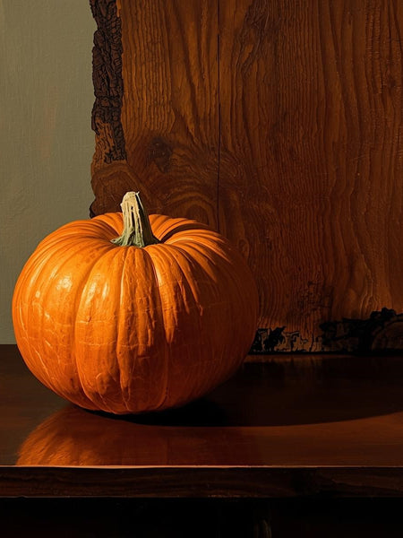 Fall Pumpkin Soap placed beside a decorative pumpkin on a wooden table
