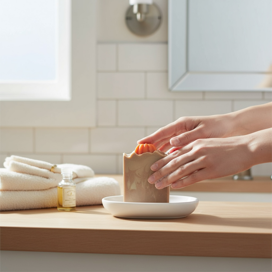 Hand holding Fall Pumpkin Soap on a white dish with towels in a bright bathroom setting