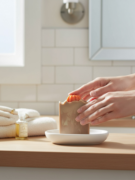 Hand holding Fall Pumpkin Soap on a white dish with towels in a bright bathroom setting