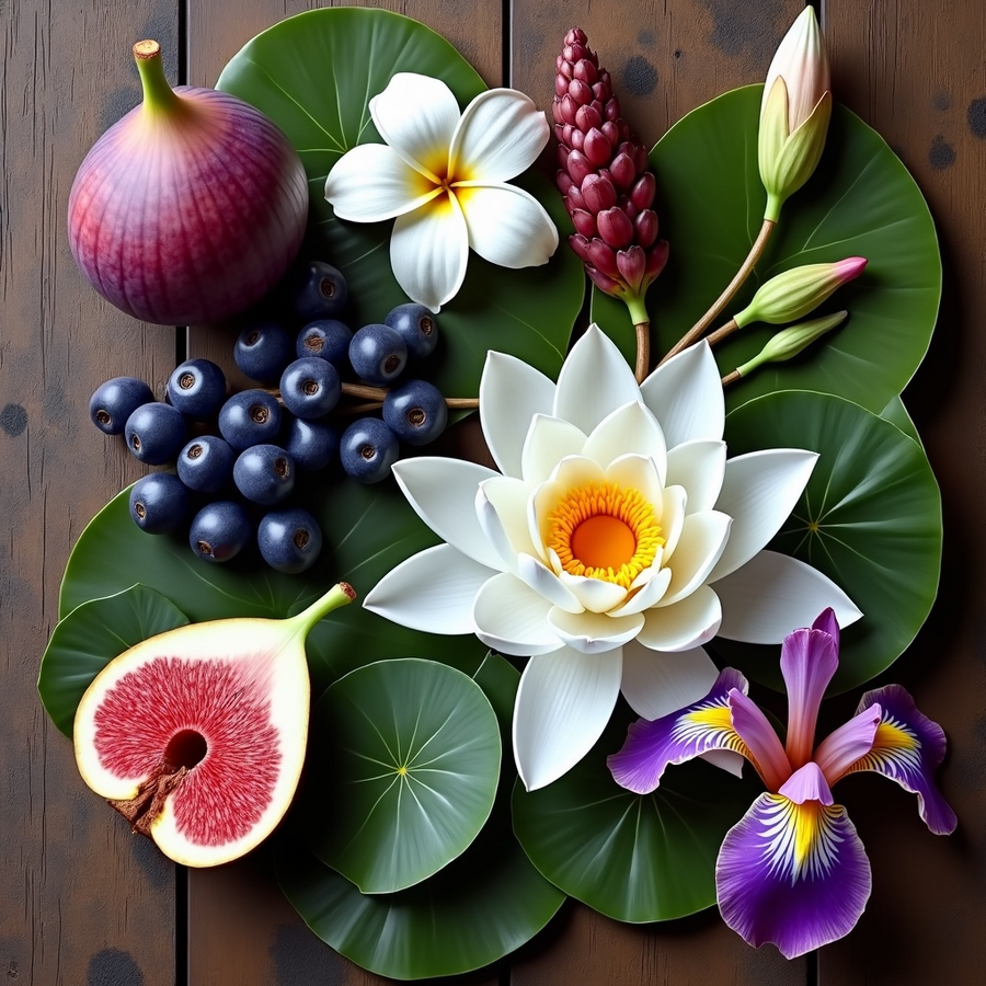 Father Figure dupe roll on perfume ingredients with fig, blueberries, and white lotus flowers on green leaves