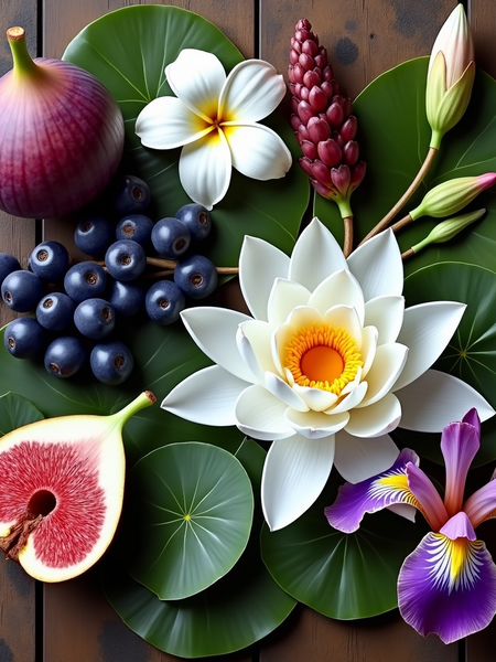 Father Figure dupe roll on perfume ingredients with fig, blueberries, and white lotus flowers on green leaves