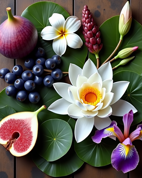 Father Figure dupe roll on perfume ingredients with fig, blueberries, and white lotus flowers on green leaves