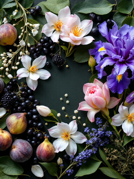 Father Figure inspired roll on perfume featuring surrounded by figs, iris, water lily, and cassis notes with a vibrant botanical arrangement