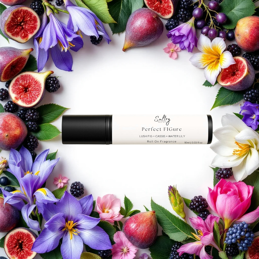 Sultry Scents Father Figure inspired roll on perfume in a surrounded by figs, iris, water lily, and cassis