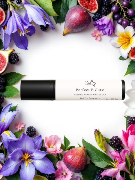 Sultry Scents Father Figure inspired roll on perfume in a surrounded by figs, iris, water lily, and cassis