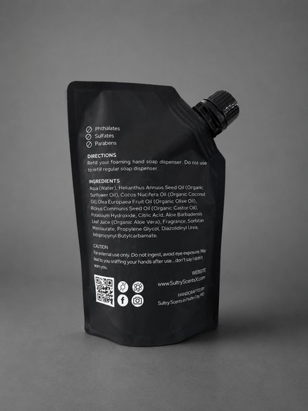 Back of the black 8oz refill pouch for foaming hand soap.