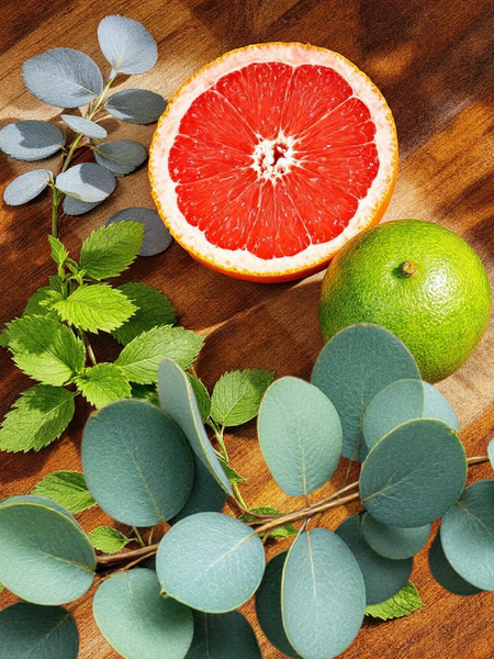 Fresh grapefruit, green lime, and eucalyptus leaves illustrating natural ingredients for Sultry Scents focus essential oil inhaler