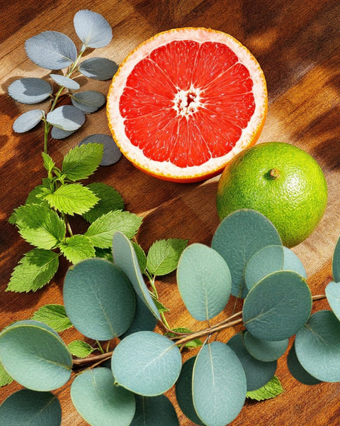 Fresh grapefruit, green lime, and eucalyptus leaves illustrating natural ingredients for Sultry Scents focus essential oil inhaler