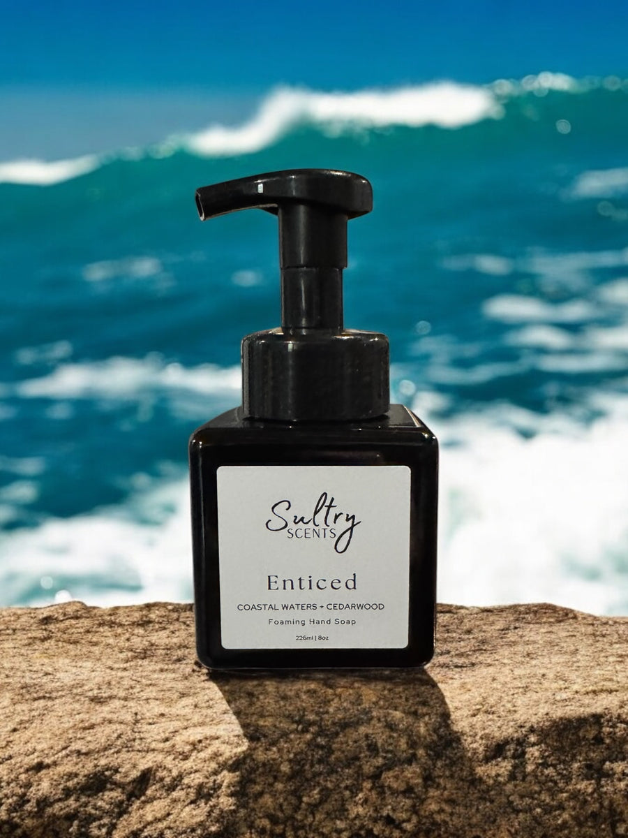 Sultry Scents Enticed foaming hand soap with fresh and clean smelling foaming hand soap on rocky shore