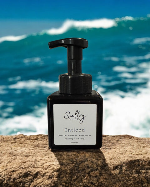 Sultry Scents Enticed foaming hand soap with fresh and clean smelling foaming hand soap on rocky shore