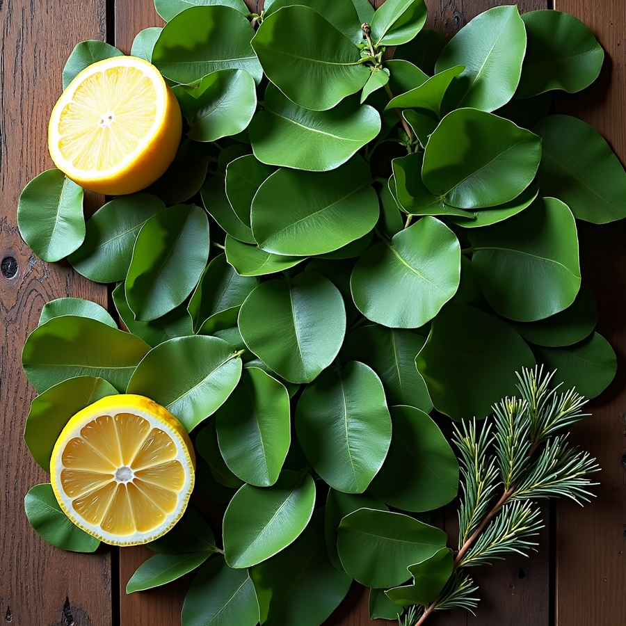 Fresh and clean smelling foaming hand soap ingredients with green leaves lemon halves and pine branch