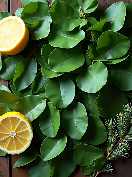 Fresh and clean smelling foaming hand soap ingredients with green leaves lemon halves and pine branch