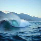 Ocean wave with mountains in the background representing fresh and clean smelling foaming hand soap