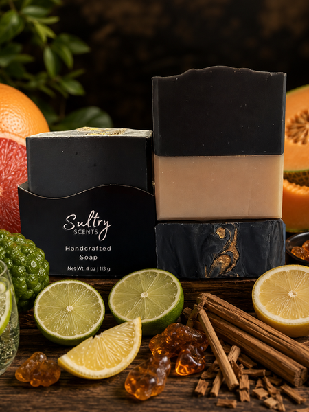 Fresh scented luxury handmade soap with citrus and fruit elements on a wooden display