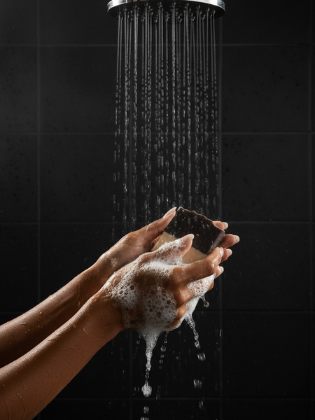 Person using fresh scented luxury handmade soap under a shower with rich lather