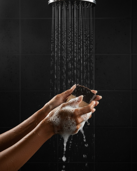 Person using fresh scented luxury handmade soap under a shower with rich lather