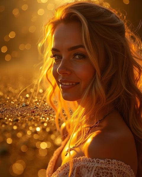 Smiling woman with glowing blonde hair in warm golden light representing Gentle Fluidity Gold dupe body Spray by Sultry Scents