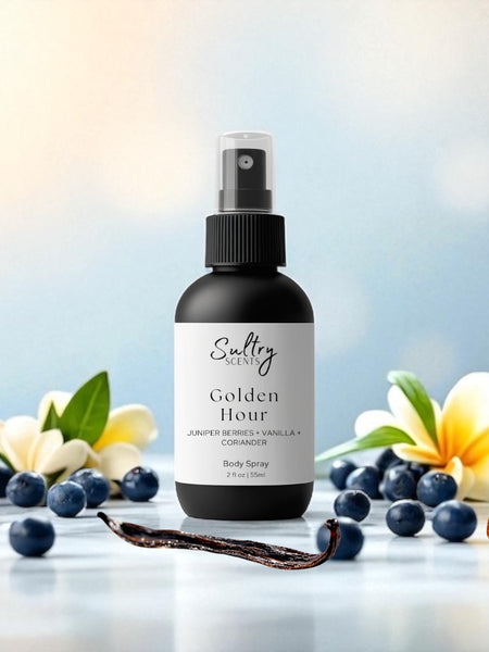 Sultry Scents Golden Hour body spray surrounded by vanilla, blueberries, amber, and flowers gentle fluidity gold dupe body spray