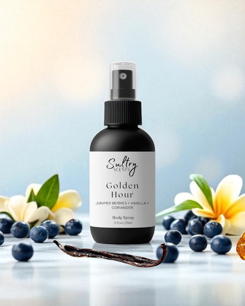 Sultry Scents Golden Hour body spray surrounded by vanilla, blueberries, amber, and flowers gentle fluidity gold dupe body spray