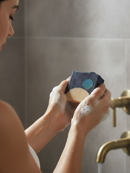 Woman using Glossier You inspired soap bar in a shower, showcasing luxurious lather and fragrance