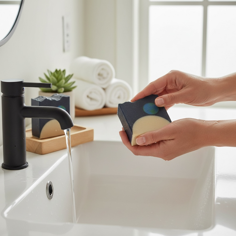 Glossier You inspired soap bar held over a modern sink with soft towels in the background