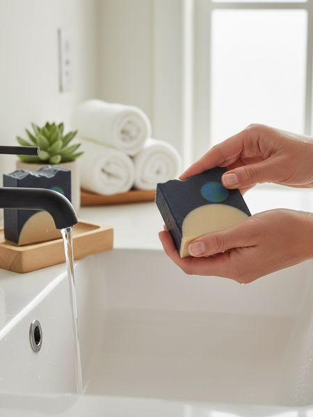 Glossier You inspired soap bar held over a modern sink with soft towels in the background