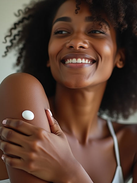Smiling woman applying Sultry Scents goat milk body cream on her smooth shoulder