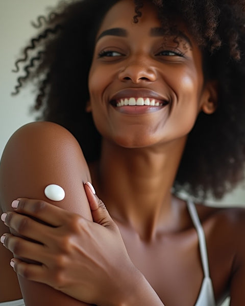 Smiling woman applying Sultry Scents goat milk body cream on her smooth shoulder