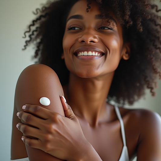Smiling woman applying Sultry Scents goat milk body cream on her smooth shoulder