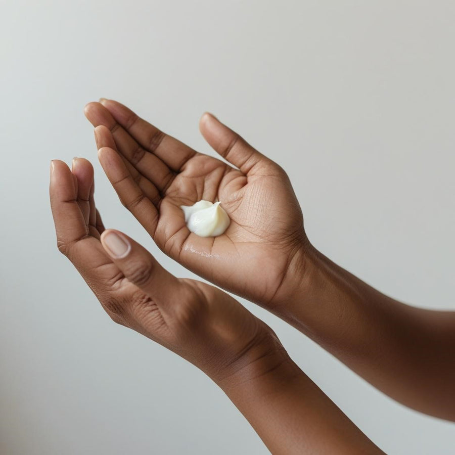 Close up of hands holding a small dollop of goat milk body cream with smooth texture