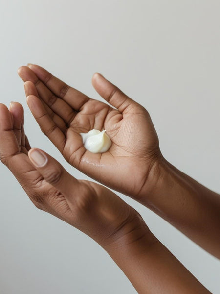 Close up of hands holding a small dollop of goat milk body cream with smooth texture