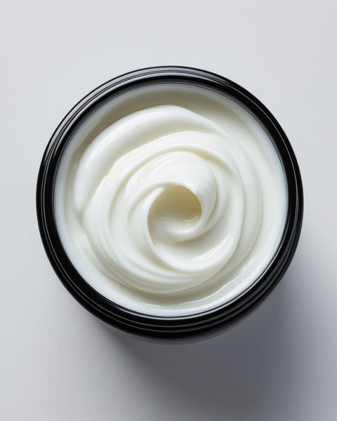 Open container showing smooth white goat milk body cream with creamy texture by Sultry Scents