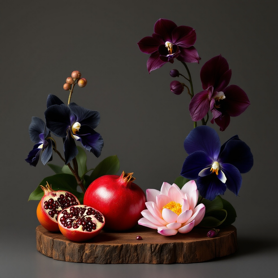 Goat Milk Soap inspired by CK Euphoria surrounded by pomegranate and orchid flowers on a wooden display